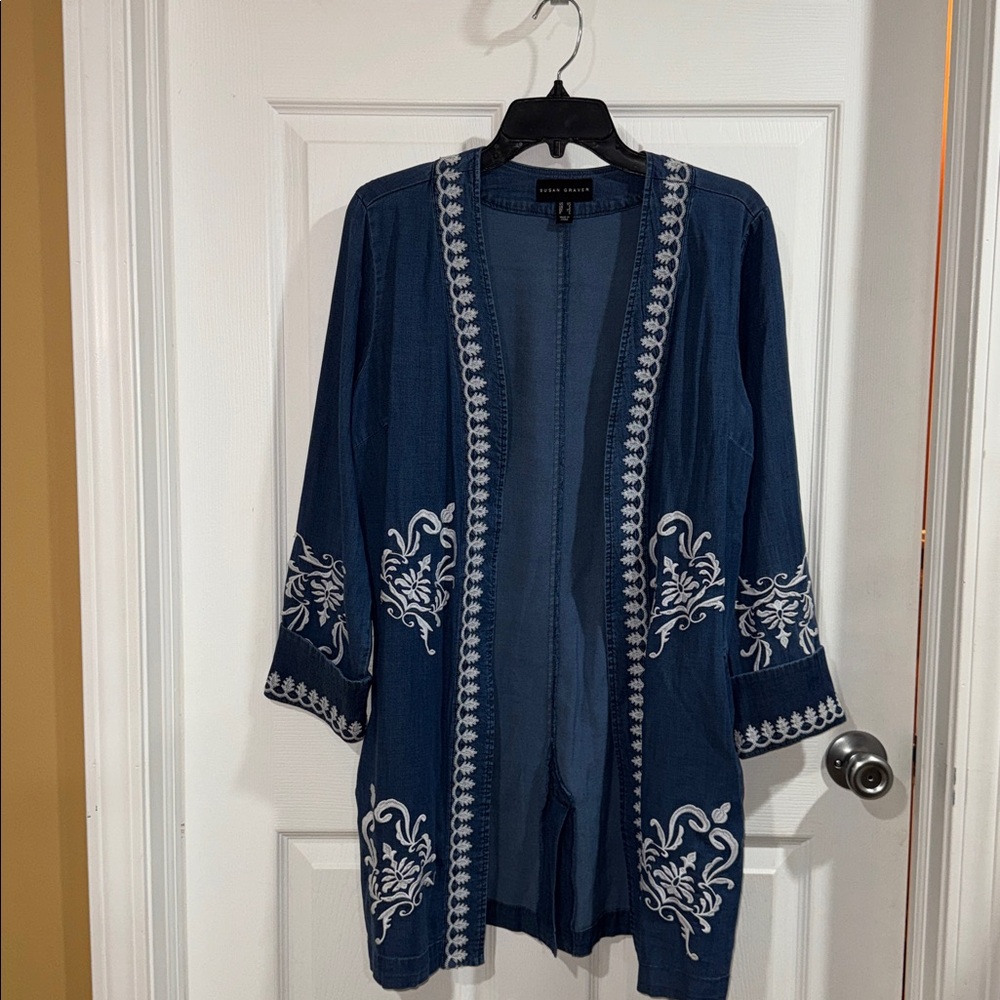 Susan Graver Open Front Chambray Boho Jacket